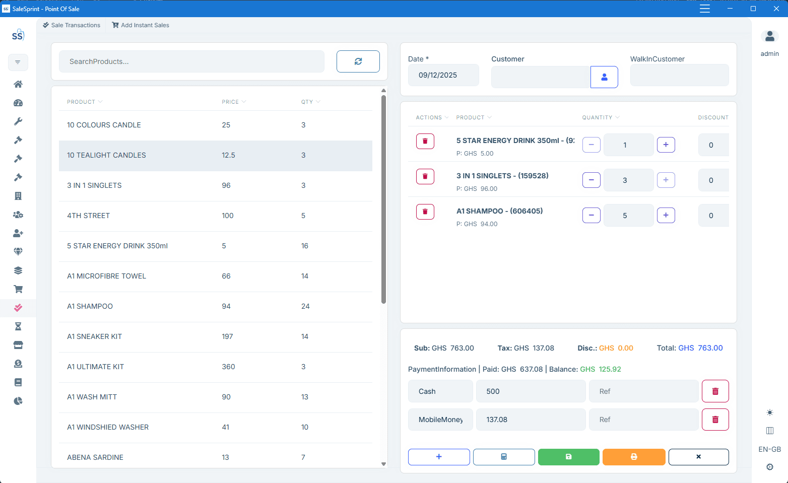 SaleSprint Next-Gen Checkout Interface showing the modern point of sale dashboard with inventory management, sales tracking, and real-time analytics